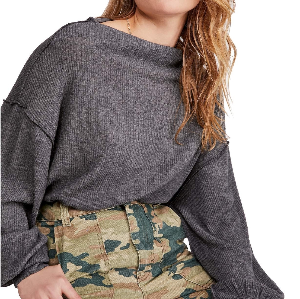We the Free oversized charcoal gray ribbed boatneck top. Size XS